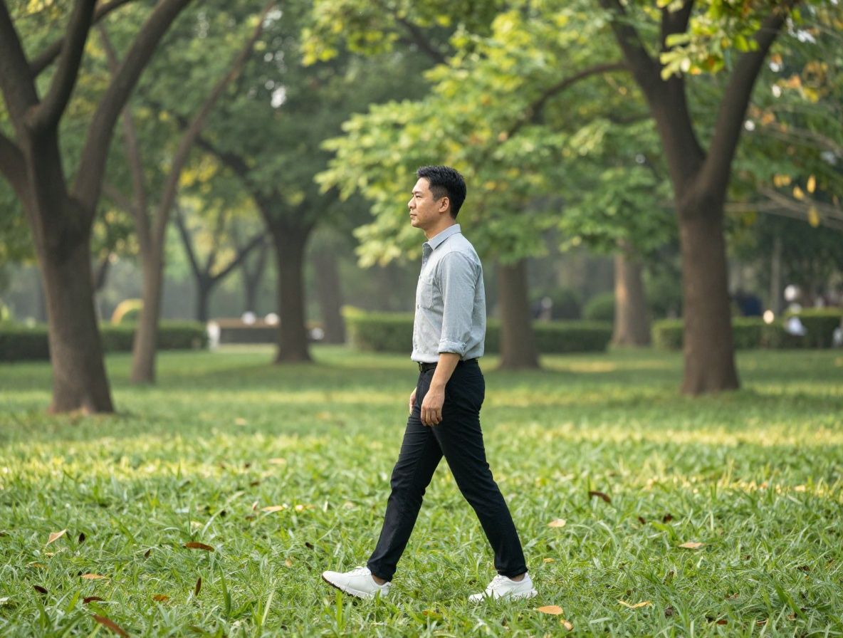Man walking through a calm park with green trees and soft morning light, unhurried pace representing a balanced daily routine