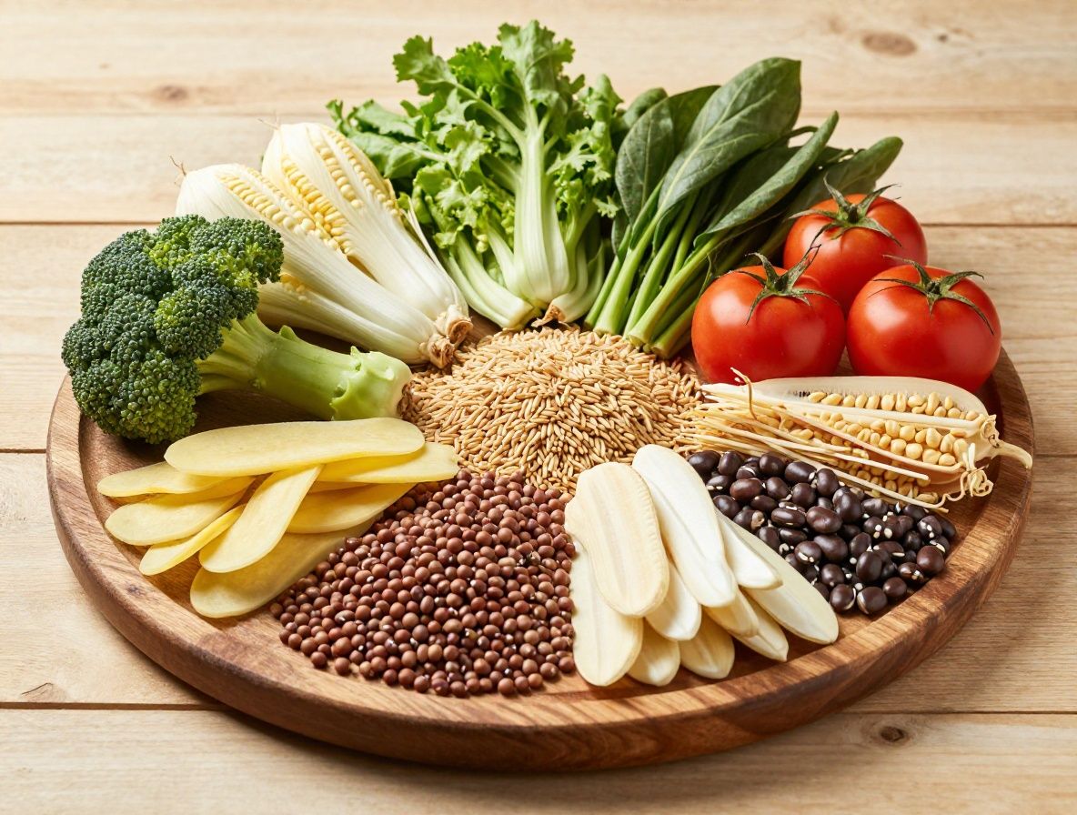 Colorful arrangement of whole vegetables, legumes, and grains on a rustic wooden surface in natural daylight, balanced food presentation