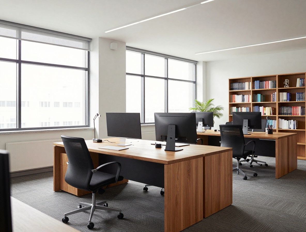 Modern editorial office interior with large windows, natural light, wooden desk and bookshelves, calm and organized work environment
