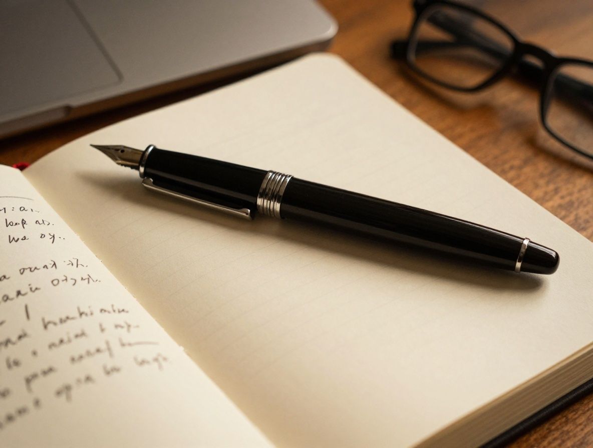 Close-up of a fountain pen resting on an open journal with handwritten notes, warm amber lighting, scholarly editorial atmosphere
