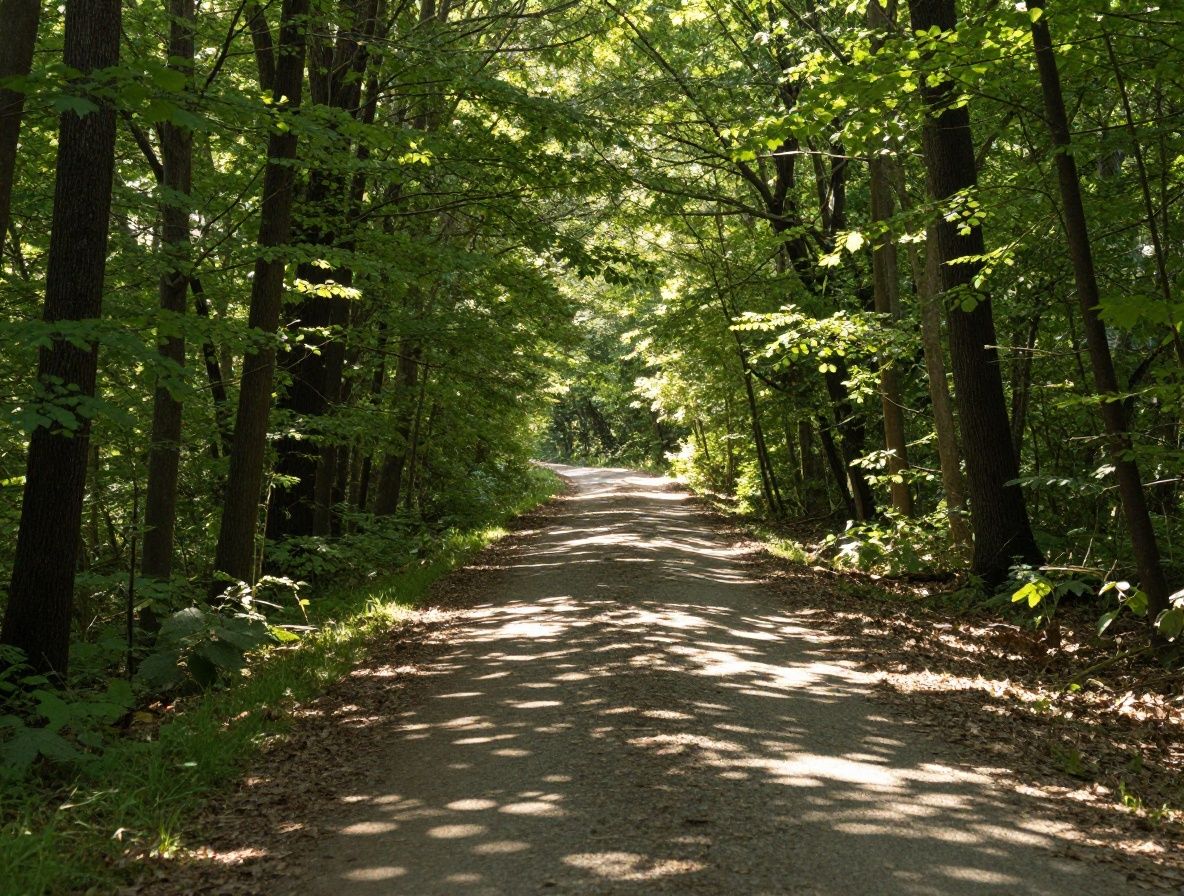Serene forest path with dappled morning light filtering through tall trees, conveying calm and clarity